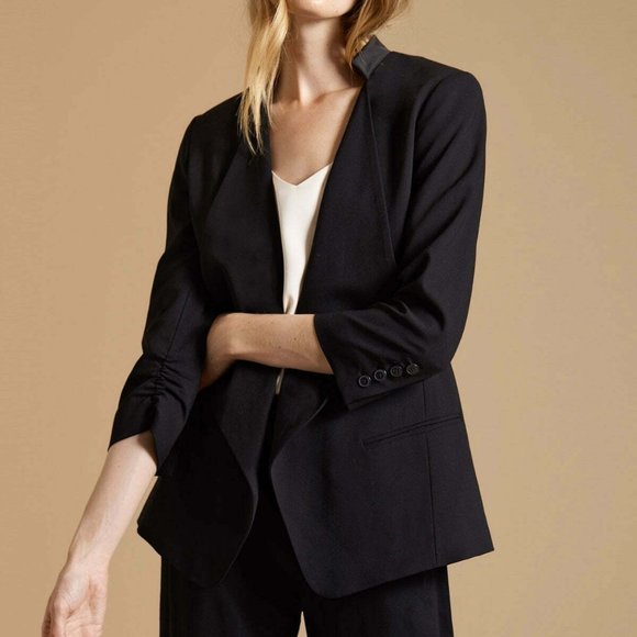 HALSTON RUCHED SLEEVE SLIM SUITING JACKET BLAZER BLACK SIZE M B4HP - Picture 1 of 5